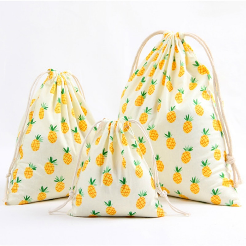 Sac à dos en tissu de coton pour femmes, 3 tailles, de fruits imprimés, avec cordon de serrage, pochette de rangement, motif d&#39;ananas