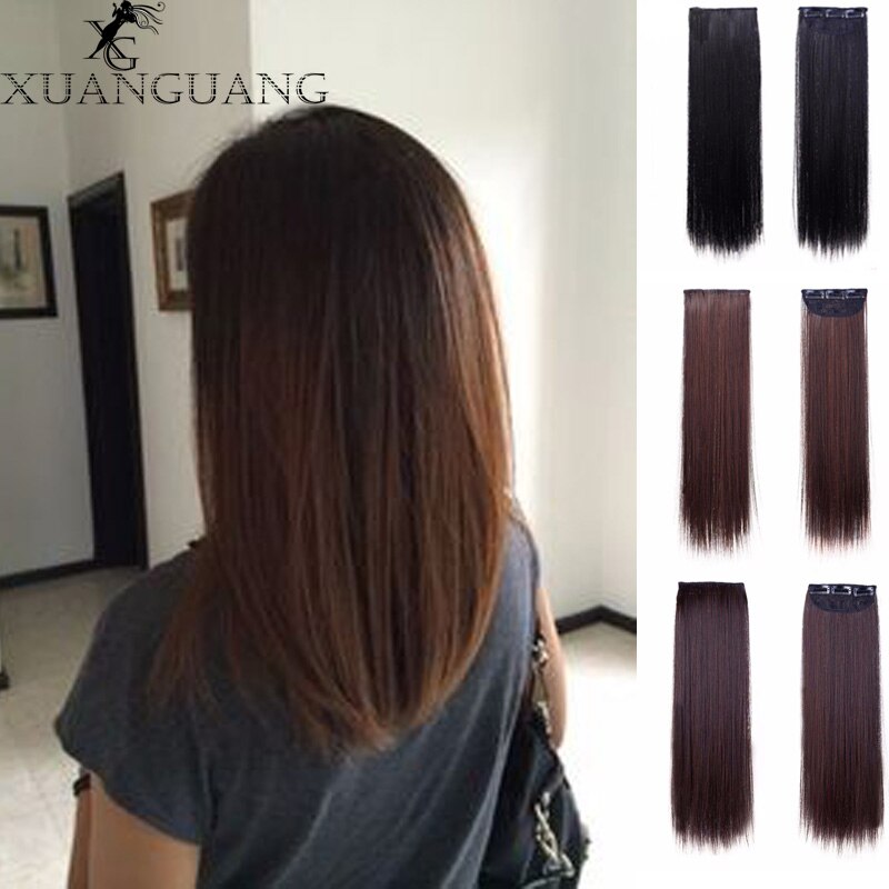 Xuanguang 18 Inches Lange Rechte Vrouwen Clip In Hair Extensions Zwart Bruin Hoge Temperatuur Synthetisch Haar Stuk