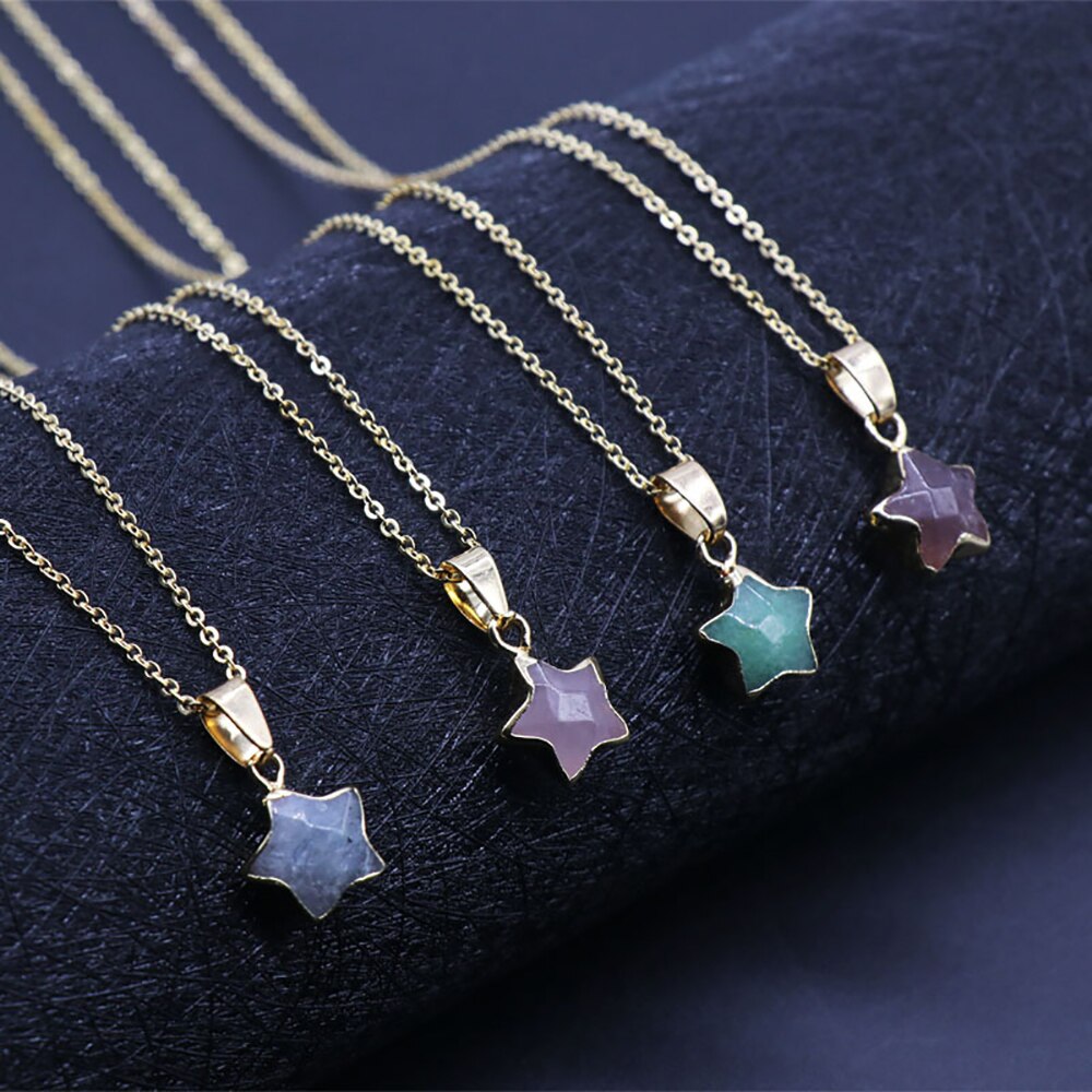 Natural Stone Rose Quartz Jade Gilt Pentagram Pendant Necklace Clavicle Chain For Jewelry MakingDIY Accessory Gem Charms Gift1PC