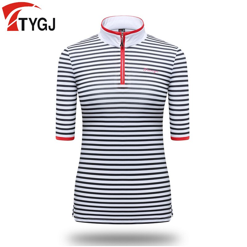 Kvinder stribet golf skjorte damer kortærmede slankende toppe lynlås stativ krave golf t-shirts træningstøj  d0803