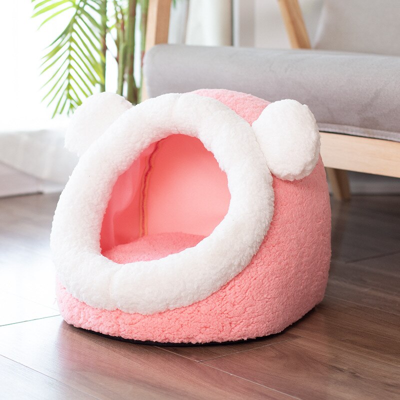 Pliable chat lit pour animaux de compagnie pour petit moyen chien doux nid chenil chaton lit maison sac de couchage animaux de compagnie hiver confortable maison Cave: Pink / 48x48x40cm