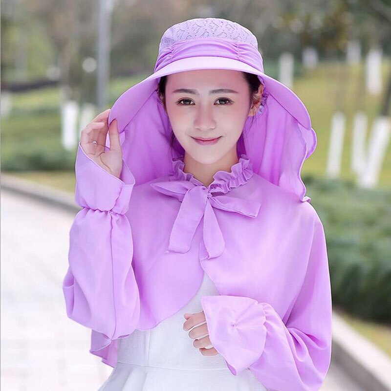SUOGRY-Sombrero de sol con agujeros para mujer, Anti UV de protección solar, traje con chal