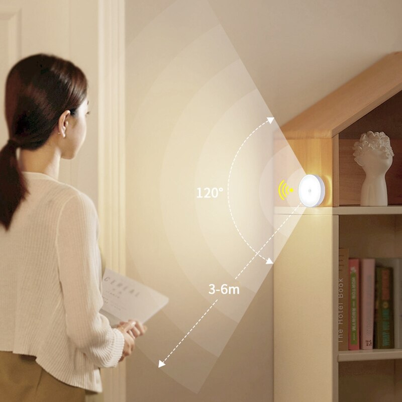 Usb genopladelig 8 led runde bevægelsessensor natlys under skab lys skabslampe køkken soveværelse dekoration