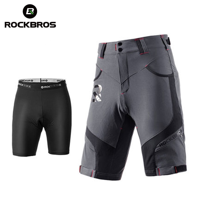 ROCKBROS-pantalones cortos de ciclismo, 2 en 1, con relleno 4D, ropa interior desmontable para bicicleta de montaña, pantalones cortos transpirables de descenso para hombre