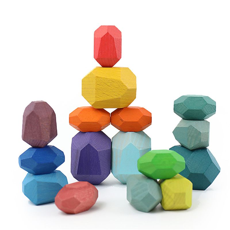 DIY Color Wooden Stone Building Block Educational Toy Stacking Game K92D