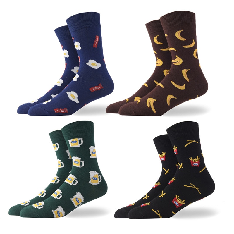 Calcetines divertidos de algodón peinado para hombre y mujer, medias con diseños divertidos, desayuno, cerveza, patatas fritas, Bacon, plátano, huevos fritos, comida, dibujos animados