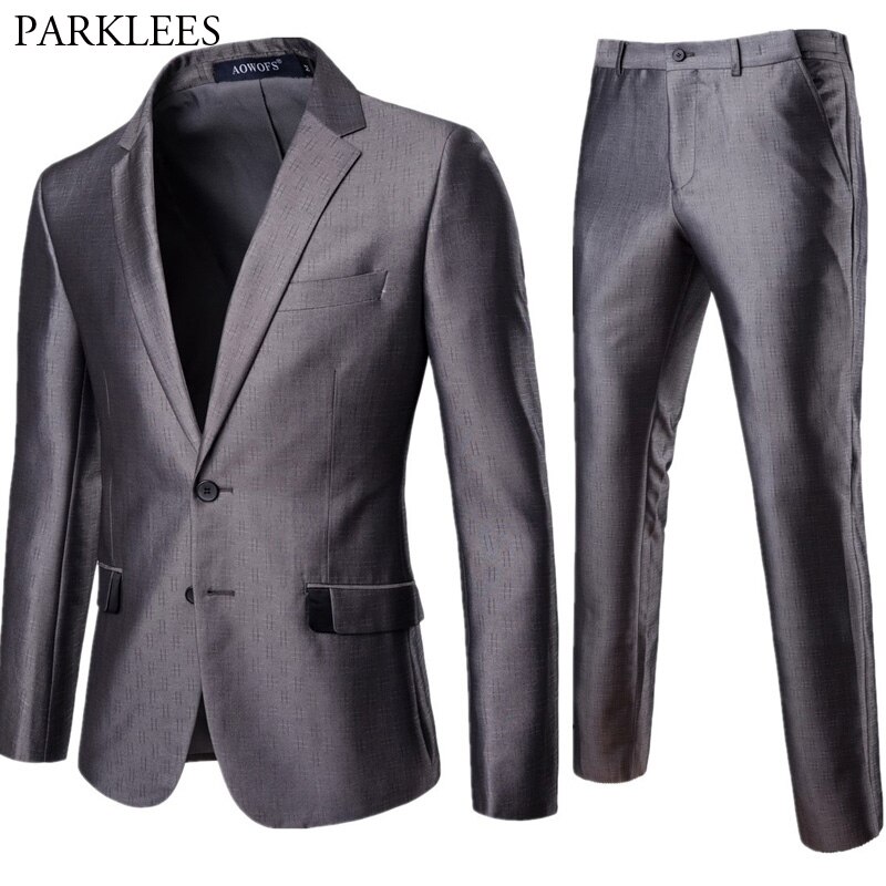 Gray Men Tuxedo Suits With Pants Slim Fit Single Breasted 2 Pieces (Jacket+Pants) Formal Business Groom Terno Masculino