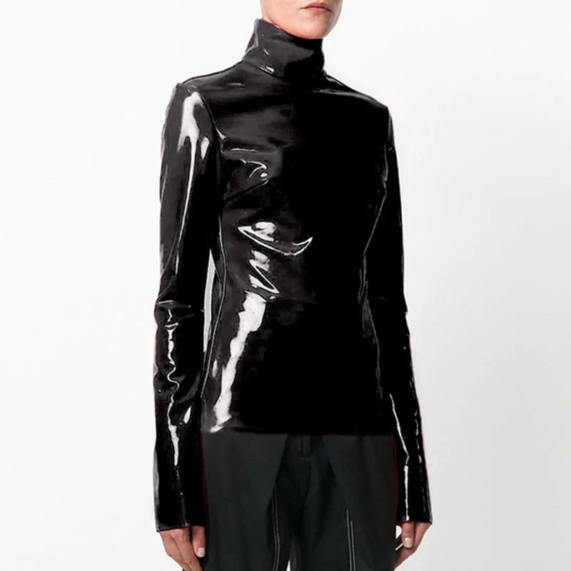 Kvinder vintage latex læder toppe med høj hals sort highstreet turtleneck varm pullover langærmet rød pu lynlås t-shirt brugerdefineret: Xxl / Sort