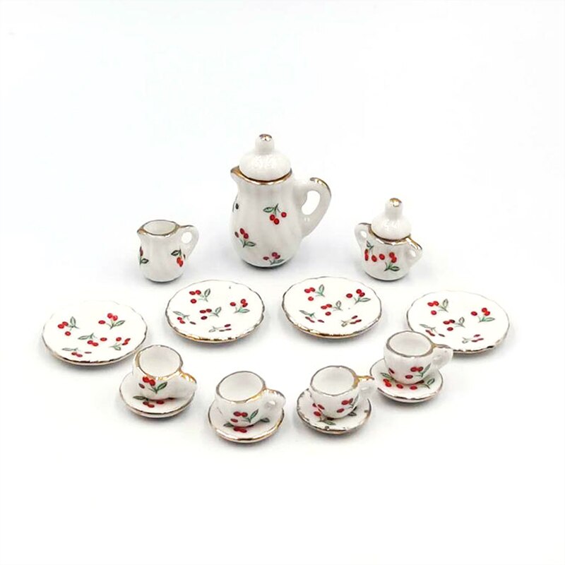 15pcs 1:12 Mini Porcelain Tea Cup Set China Flower Tableware Kitchen Doll House Scene Model Play House Toys: H