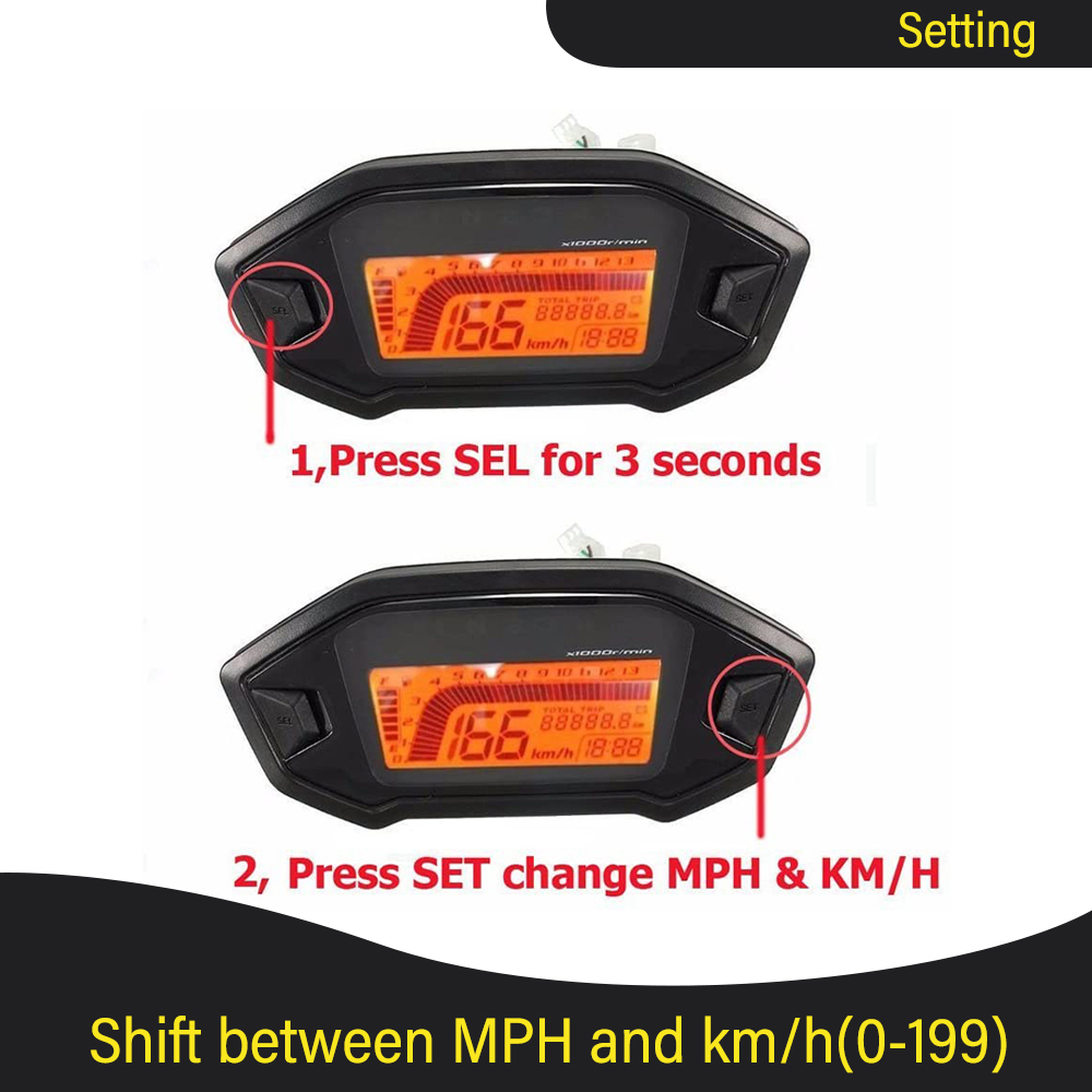 Tacómetro LCD para motocicleta, velocímetro, odómetro, 5 velocidades, 7 retroiluminación, 11000 RPM, 199 KMH MPH, Universal