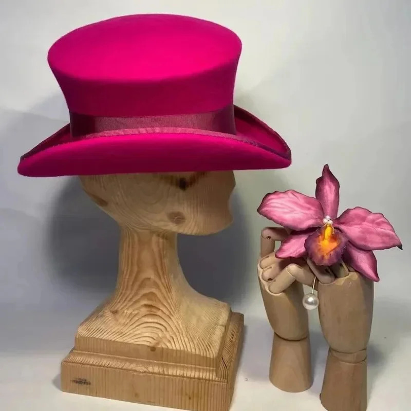 Men Women asymmetric top wool hats fashiona formal ribbon steam punk hat men lumber costume Cap Party decoration: Rose Red