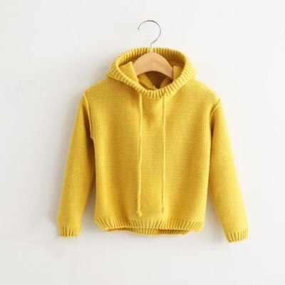 Herfst En Winter Kwastje Hooded Gebreide Trui Voor Baby Jongen En Meisje Effen Kleur Warme Gebreide Trui Voor Baby Boy en Meisje: YELLOW / 6T