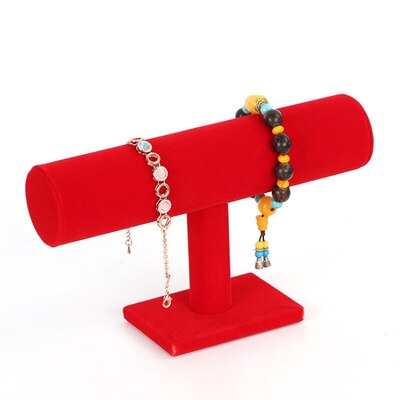 BUENOS Vintage PU Leather / Velvet T-Bar Rack Bracelet Chain Watch Jewelry Organizer Holder Jewelry Display Stand: red1