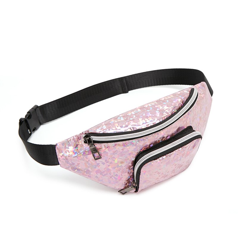 Women Girls Waist Fanny Pack Belt Pouch Hip Bum Bag Shinny Zipper Travel Sport Small Cellphone Purse Chest Pack: Pink