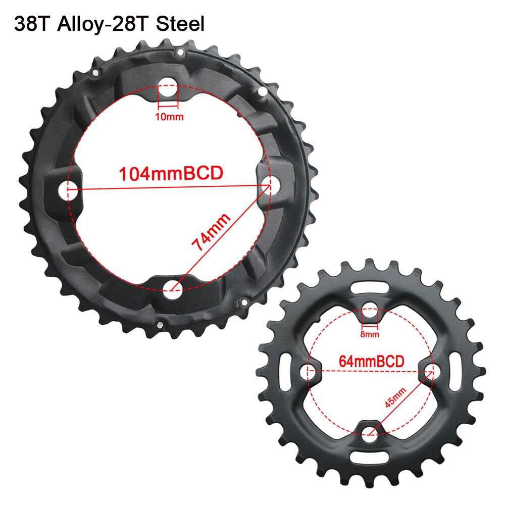 Plateau de pédalier Double 64BCD 104BCD pour vtt, 22, 24, 26, 28, 36, 38 dents: 38T alloy-28T Steel
