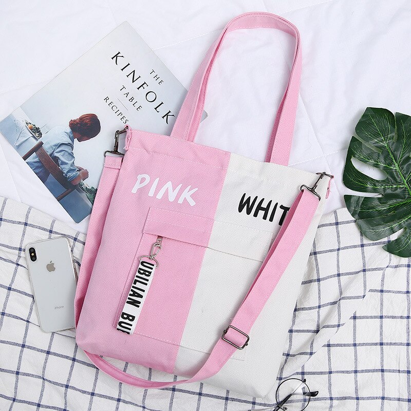 Sac en toile de grande capacité pour femmes, sac à bandoulière décontracté et assorti, sacoche à fermeture éclair pour étudiants, sac d&#39;école,: Pink-White