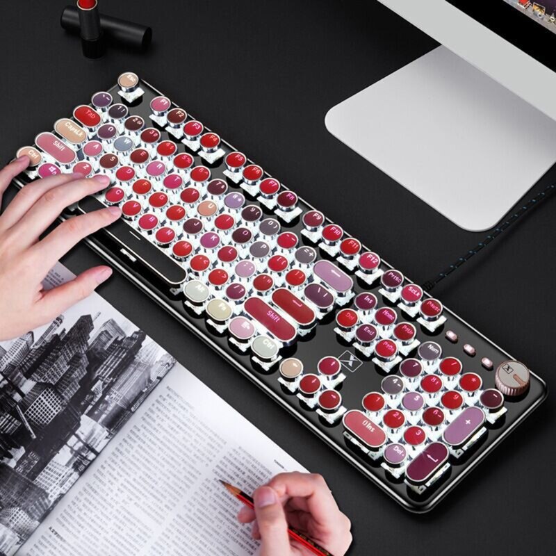 Retro Punk Mechanical Lipstick Metal Round Key Computer Keyboard Mouse