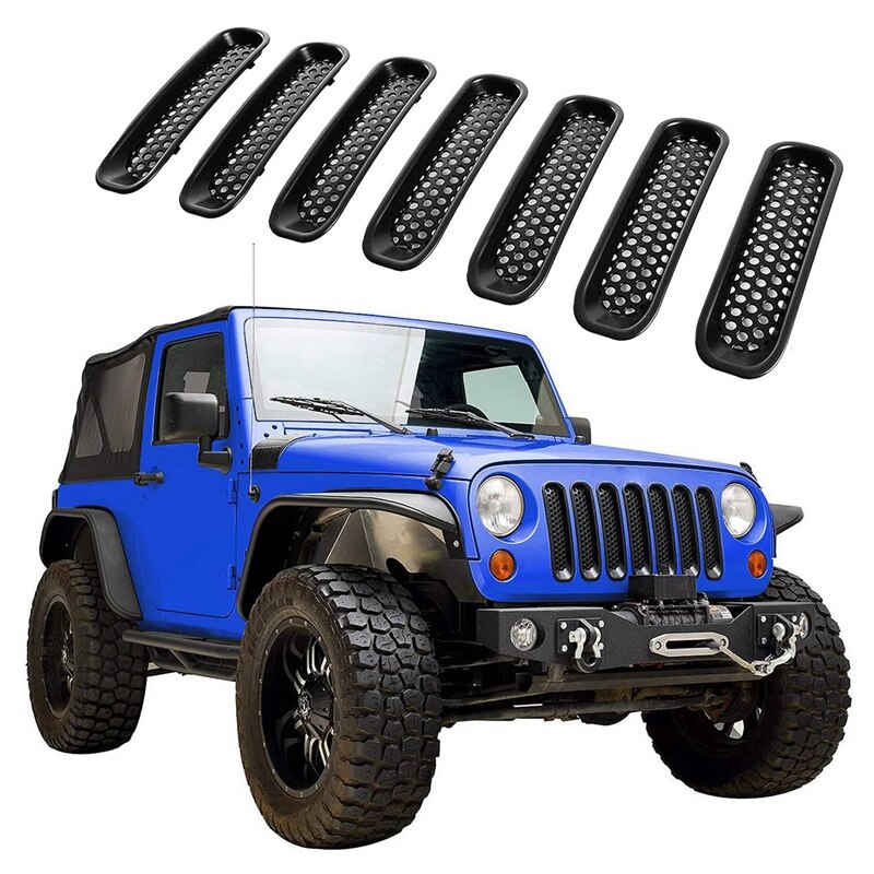 SHGO -7 Pcs Clip-in Mesh Grille Insert Cover Fit for 07-15 Jeep Wrangler JK - Matte Black