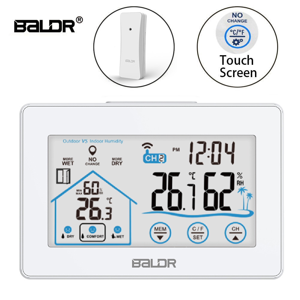 Baldr Draadloze Digitale Weerstation Touch Thermometer Sensor Temperatuur-vochtigheidsmeter Hygrometer Wandklok