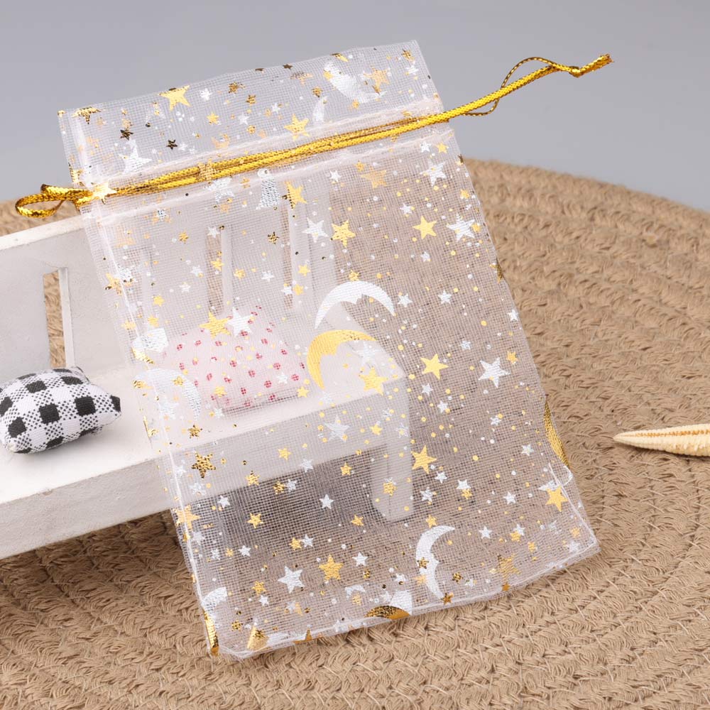 Sac en organza lune et étoile, pocommuniste multicolores pour fête de mariage, sac à bonbons, emballage de bijoux, 7x9 cm, 9x12 cm, 10x15cm, 50 pièces par lot: WHITE / 18x7x24 cm