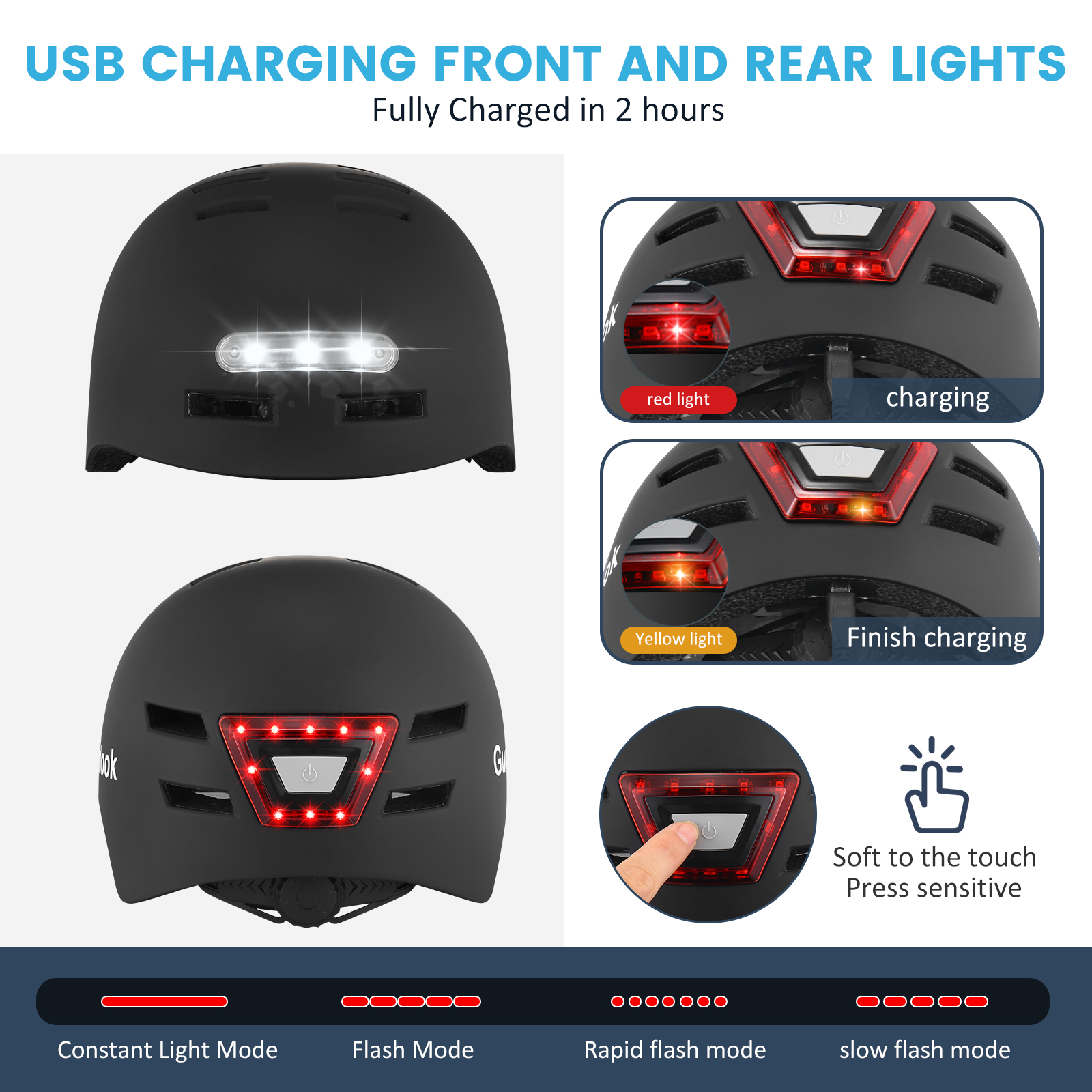 GUDOOK Adult Bike Helmet with Light - Bicycle Helmets Men - Women - Front and Back LED Lights for Scooter， Cycling, Skating