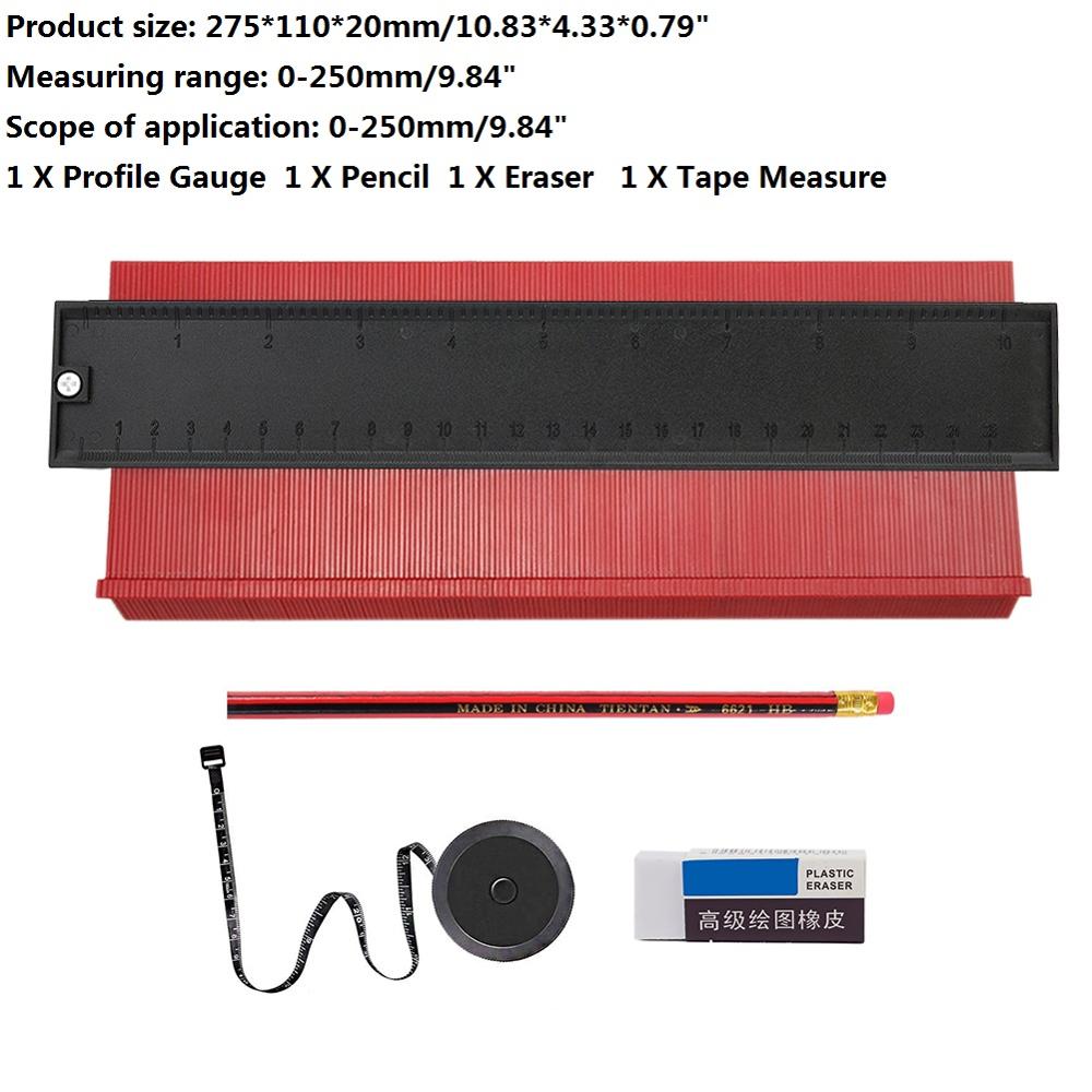 10/5 tommer plastkonturmåler uregelmæssig form profil lineal duplikator skabelon træ mål lineal profil markeringsværktøj: Rød a