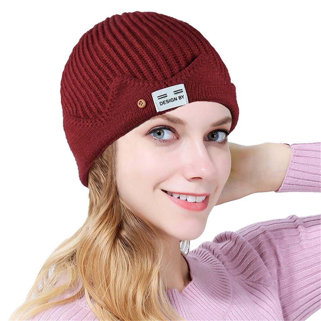 Women Soild India Stretch Turban Hat Button Wool Hair Loss Head Scarf Wrap Autumn Winter Warm Earmuff Colorful Crown Caps
