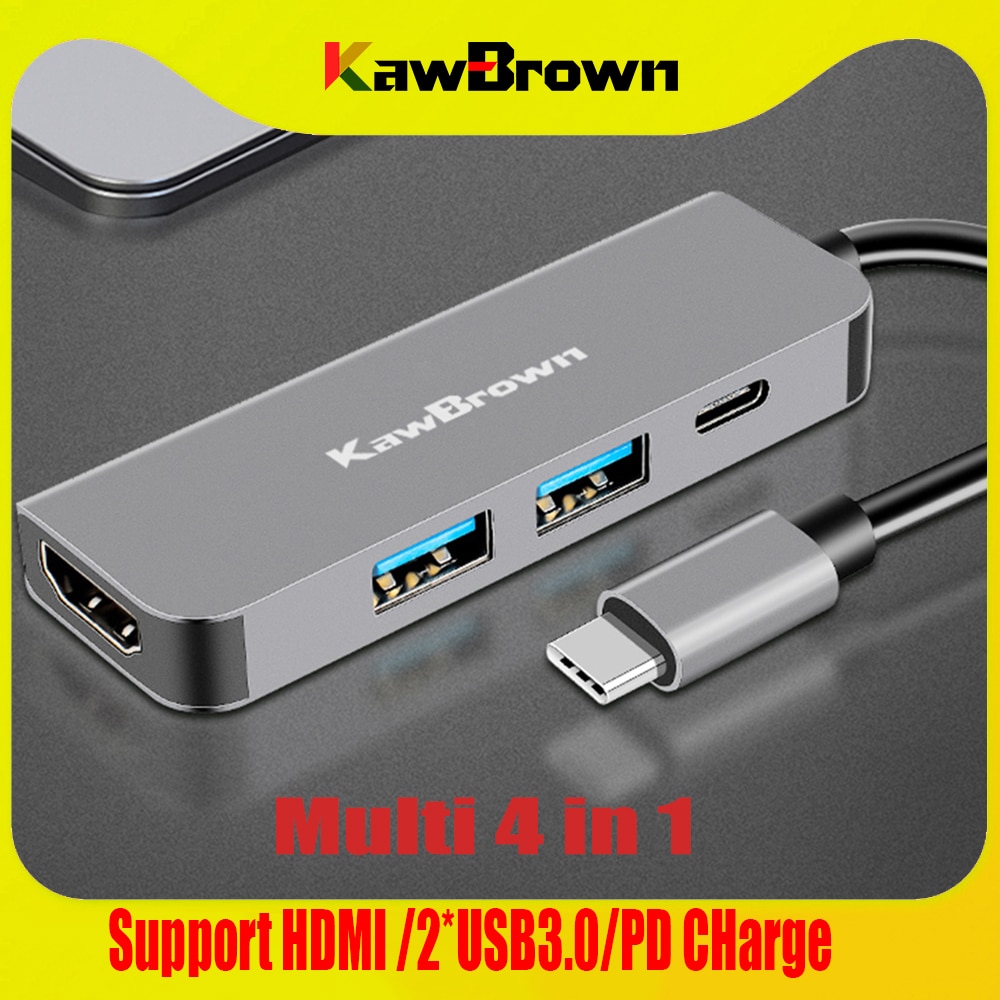 Kawbrown 4 em 1 multi usb c docking station suporte tipo c para usb 3.0/hdmi 4k/pd carga para portátil macbook xiaomi huawei otg