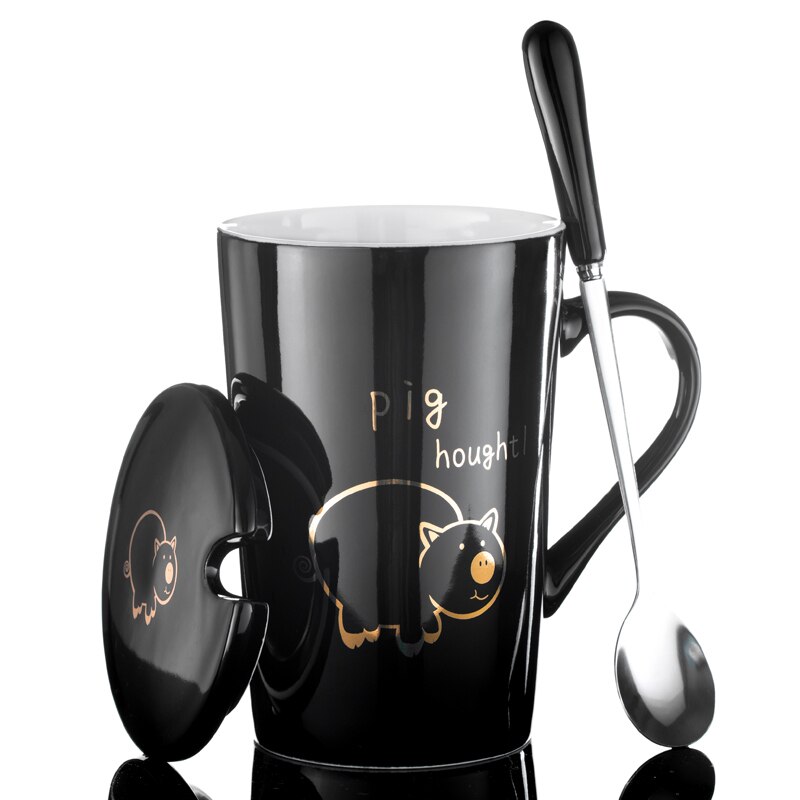 420/580ml keramiska muggar bokstavsnummer mönster muggar med sked lock svart och guld mjölk kaffekopp drinkware: 11