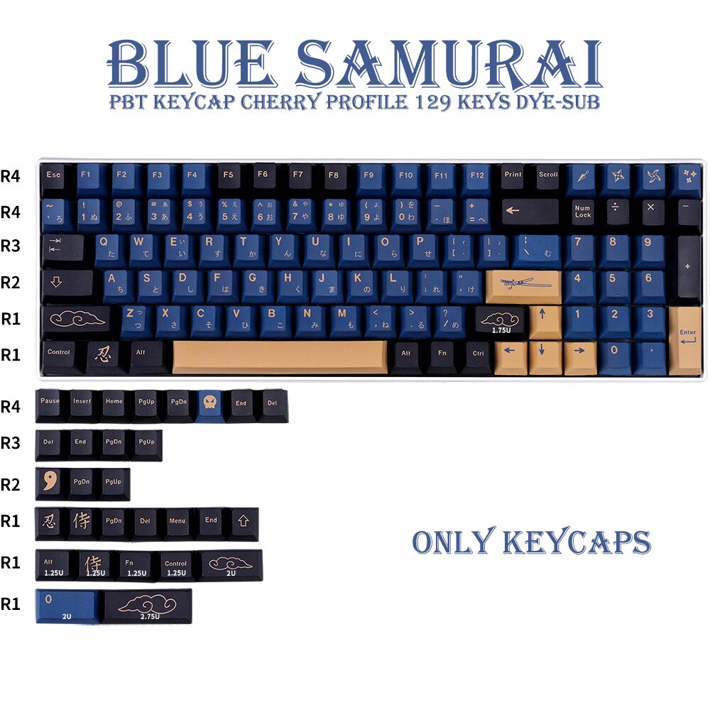 PBT Keycap 129 Keys DYE-SUB Cherry Profile BLUE/RED Samurai Japanese KeyCaps For Cherry MX Switch Mechanical Keyboard: 129 Key Blue Samurai
