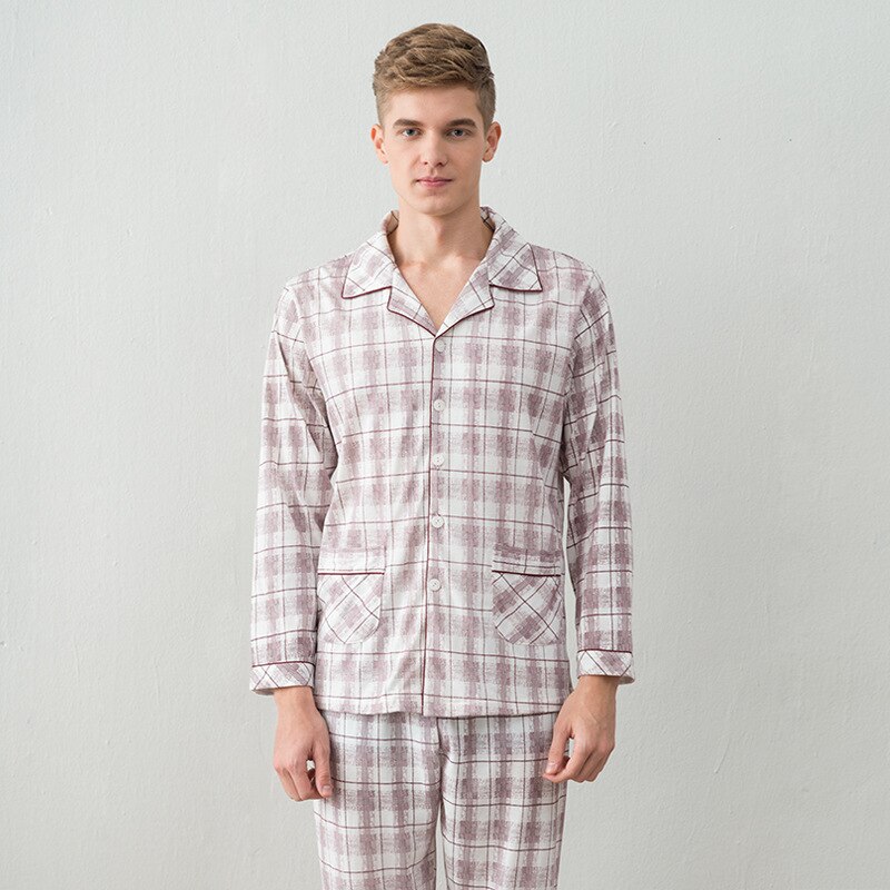 100% katoen Mannen pyjama set lente en herfst mannen pyjama Turn-down kraag lange mouwen nachtkleding nachtkleding thuis kleding