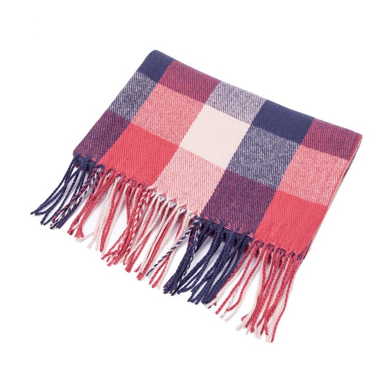Winter Cashmere Plaid Double Fringe Scarf Women's Warm Blue Shawl