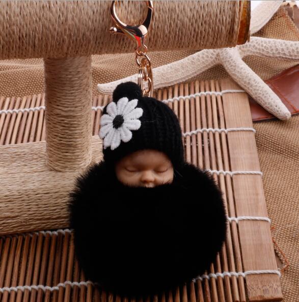 Söta sovande baby docka nyckelringar för kvinnor väska leksak nyckelring fluffiga pom pom päls plysch nyckelringar: Svart