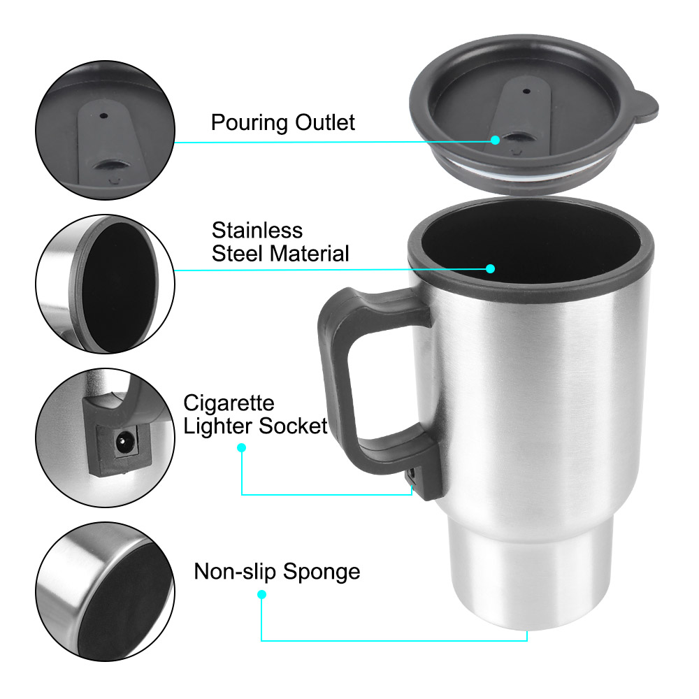 12V 450Ml Elektrische Verwarming Auto Waterkoker Water Melk Thermische Mok Camping Reisketel Roestvrijstalen Voertuig Verwarmingsbeker
