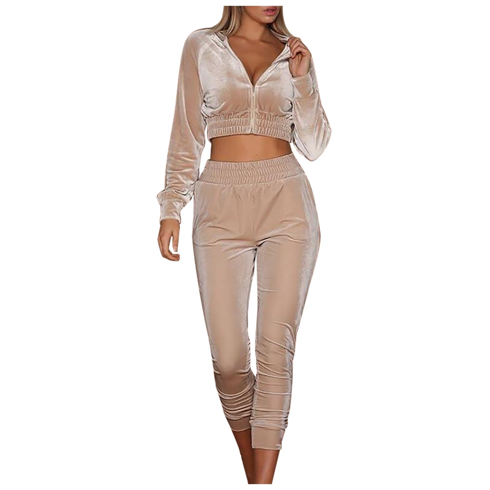 Women Down Lounge Wear Suit Sport Set Comfortable Zipper Long Sleeve Tops+pants Autumn Winter Women Tracksuit Two Piece Set @40: Beige / M