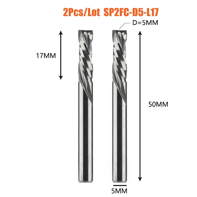 2PCS/LOT Compression Milling Cutter Woodwork UP&amp;DOWN Cut Two Flute Spiral Carbide Milling Tool CNC Router Bits Wood End Mill: 2PC-SP2FC-D5.0-L17