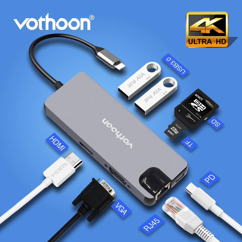 Vothoon USB Type C HUB USB 3.0 HDMI USB HUB voor MacBook Pro Air Kaartlezer VGA RJ45 Ethernet USB Splitter 8 Poort Type C HUB