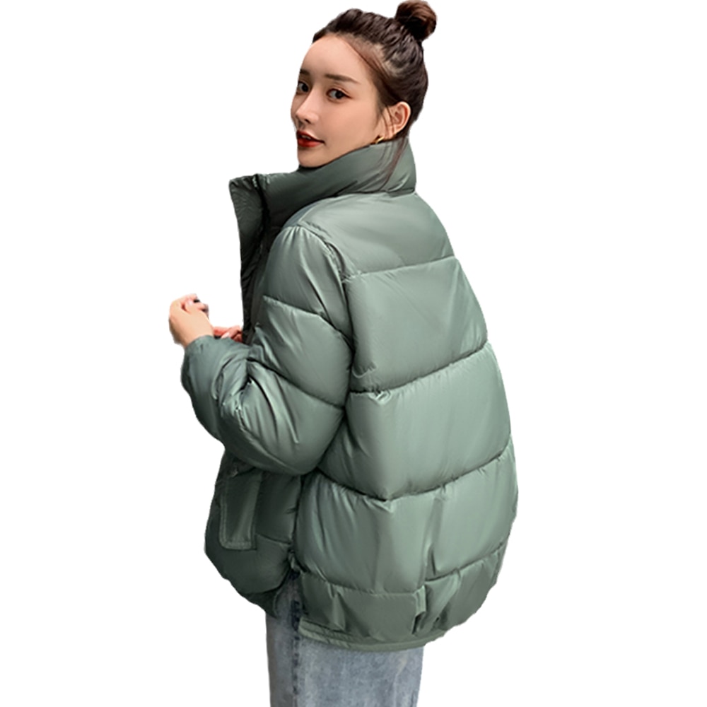 Solide Col Montant Courtes Oversize Veste Hiver Femme Doudoune Mat Parkas Épaissir Fermeture Éclair Décontracté Outwear Femmes
