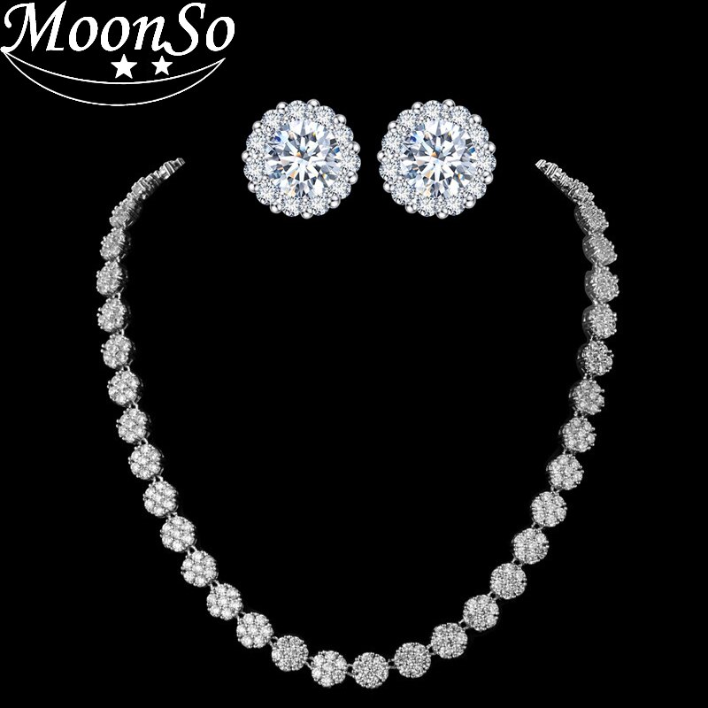 Moonso 925 silver High-end luxury Bridal Necklace Halo Round Pave AAA Zircon Jewelery for women Party J4359