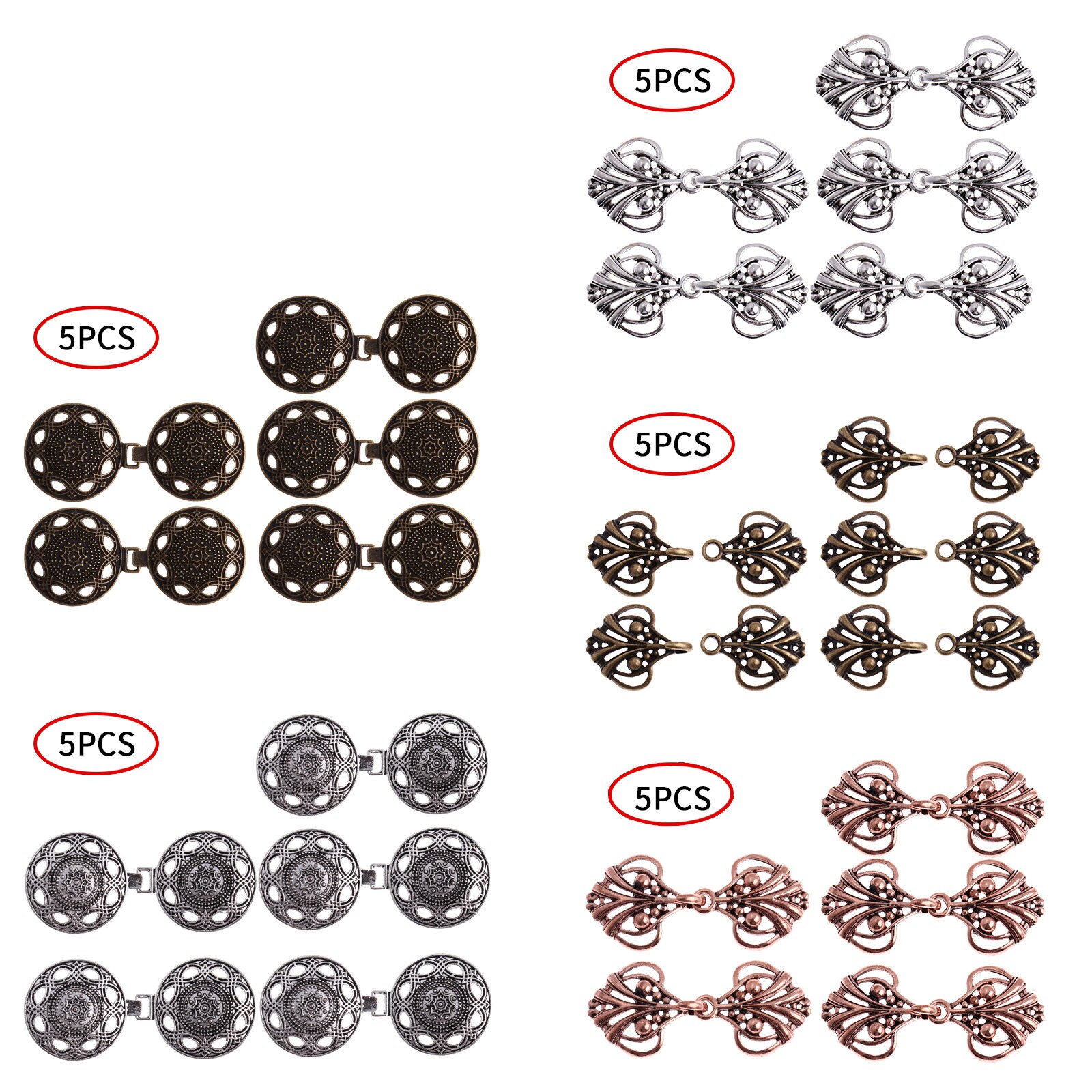 5 Hooks Eyes Cardigan Clips Alloy Cloak Clasps Vintage Chinese Cheongsam Fastener Buttons DIY Apparel Decor Buckle Sewing Crafts
