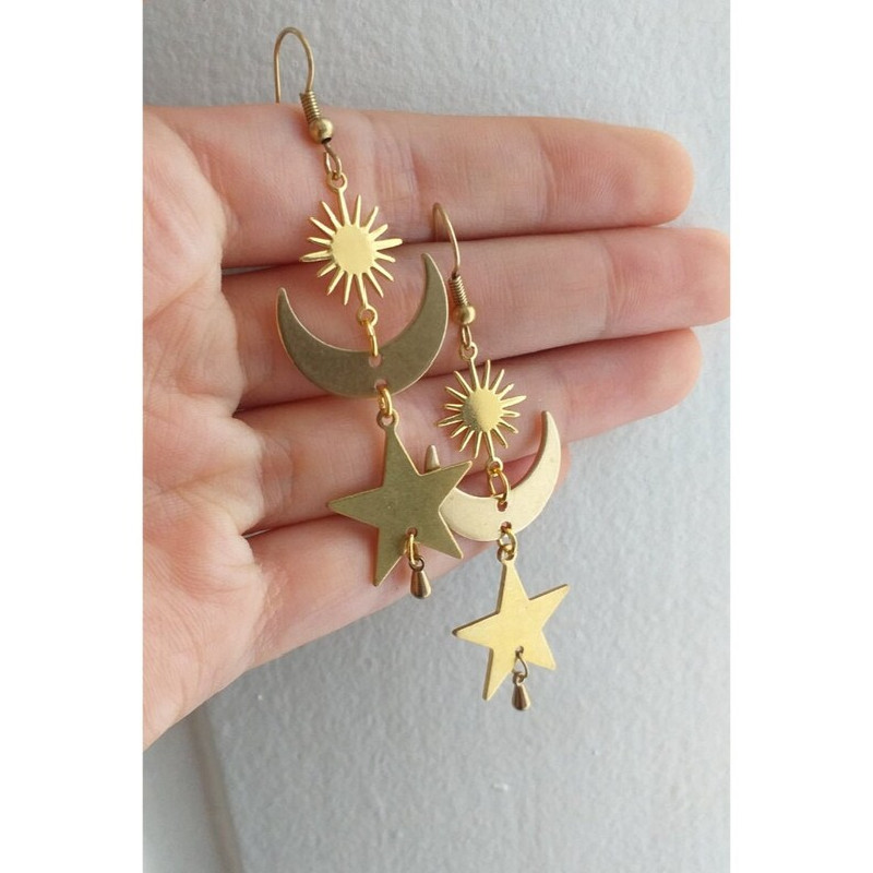 Sol Incompatibilidade Estrela e Lua Brincos para Mulheres, Celestial Moonchild Charme, Rosto com BOHO, Criatividade Jóias, Cor Dourada, Novo Presente: Luz de Cor Amarela