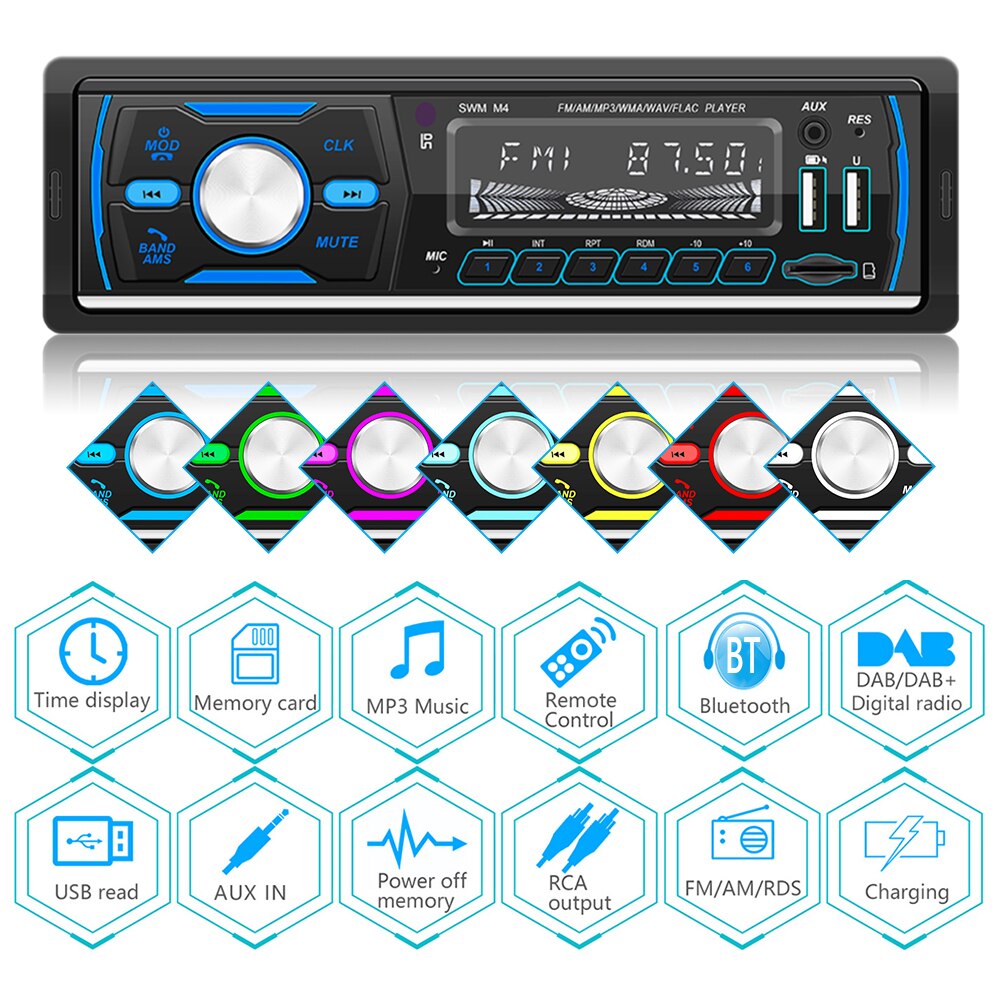 SWM-M4 Single DIN Head Unit Car USB TF AUX-In FM AM RDS DAB Radio Receiver Dual USB Car Bluetooth MP3 Player