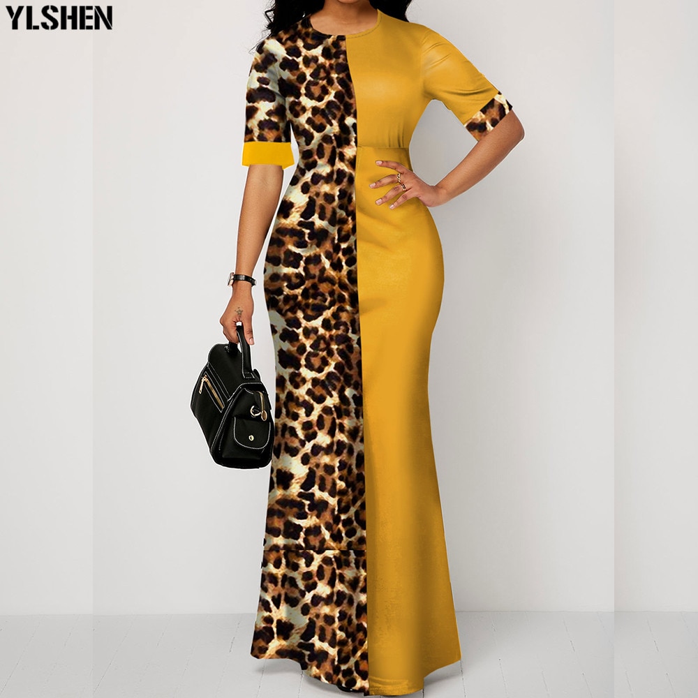 Zomer Afrikaanse Jurken Voor Vrouwen Dashiki Geel Luipaard Afrikaanse Kleding Plus Size Print Retro Afrika Bodycon Lange Maxi Jurk
