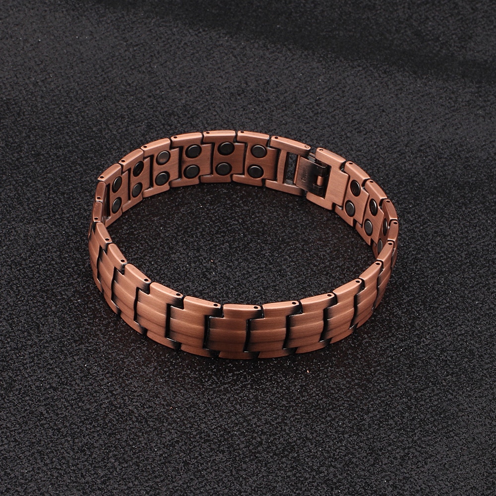 FINE4U B376 Vintage 99.99% Pure Copper Magnetic Bracelet for Men Double Raw 3500Gauss Magnet Health Energy Bracelets Wrist Band