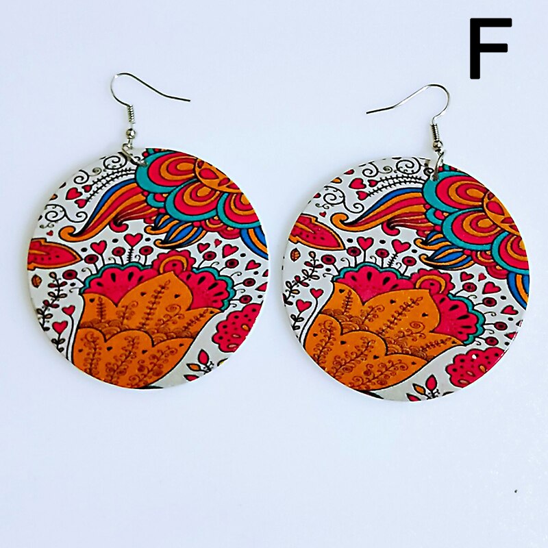 Afrykańskie kolczyki w stylu klasyczny drewniane kolczyki w stylu etnicznym kolczyki w stylu etnicznym tkanina wzór nadrukowany pętle na uszy dla damska biżuteria na prezent: F
