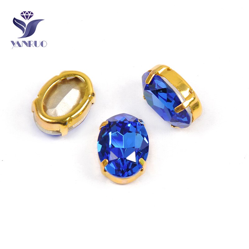 Yanruo 4120 Oval Blue Sapphire K9 Kristal Met Zilveren Klauwen Strass Naaien Op Strass Glas Naaien Jurk Pointback Stenen Gems: With Gold Claw / 20x30mm 3Pcs