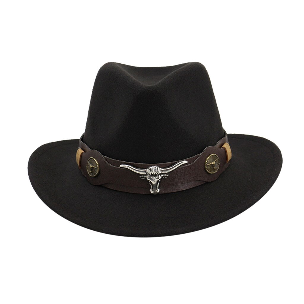 Mode Mannen Vrouwen Western Cowboy Hoed Met Koe Hoofd Band Brede Rand Hoed Pop Jazz Hoed Winter Wol Cap Maat 56-58Cm # T1P: Black