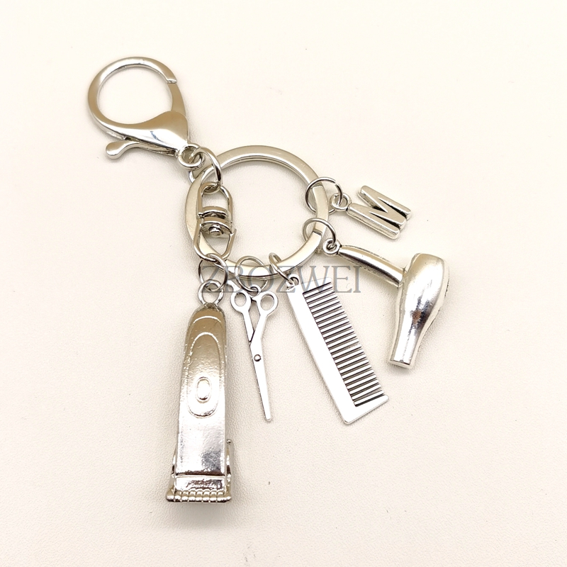 Peluquería, tijeras eléctricas de empuje para el cabello, secador de pelo, llavero con letras, peluquería, barbería, llavero personalizado, de joyería