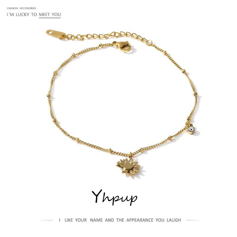 Yhpup Gold Bracelet Stainless Steel Jewelry Trendy Small Daisies Charm Barefoot Summer Chain Anklet for Women Girl