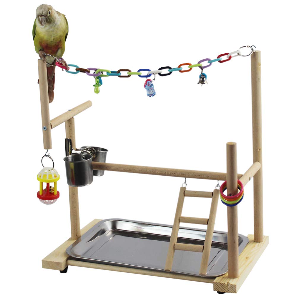 Bird Playground Play Gym Wooden Parrot Perch with Chewing Climbing Chain Toys Ladders Bowl Removable Tray-Exercise Training